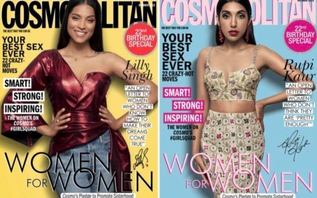 Canadians Lilly Singh and Rupi Kaur on the cover of Cosmopolitan India.