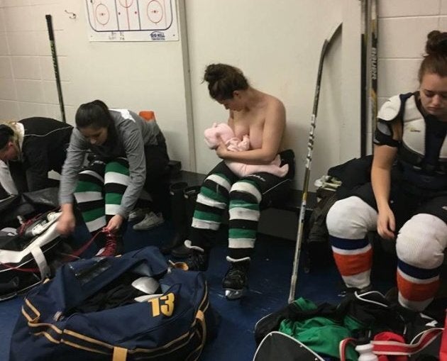 Grand Prairie, Alta. mom Serah Small breastfeeding in the locker room.