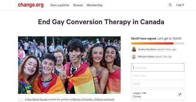 A screengrab of the petition to end gay conversion therapy in Canada.
