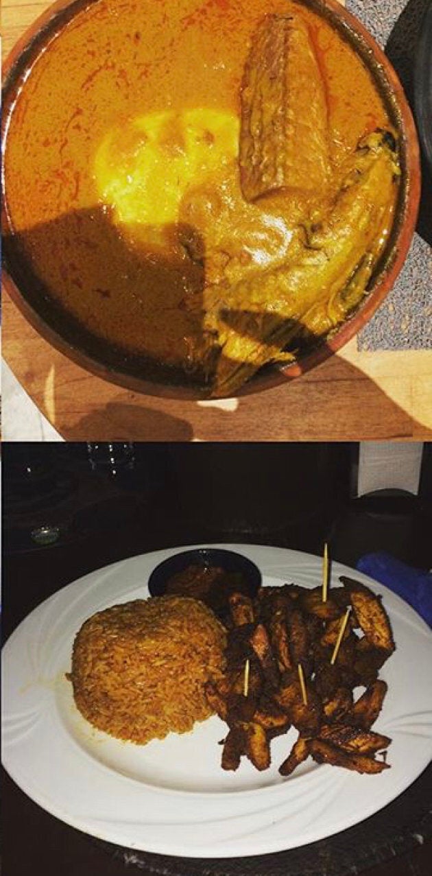 Top photo: Ghanian palm nut soup above. Bottom photo: fried yams and plantain.