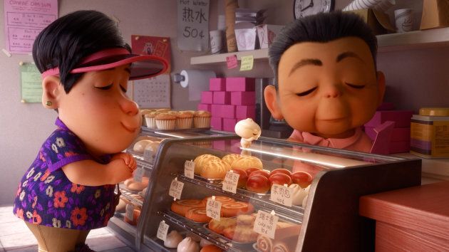 A scene from "Bao," in which mom and her dumpling son visit a Chinese bakery to pick up some pastries.