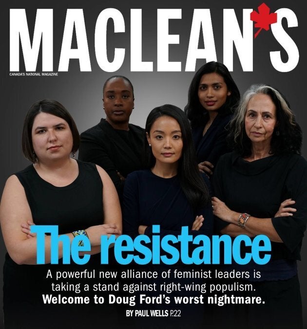 Ontario MPP Bhutila Karpoche stands with her NDP colleagues in a mock Maclean's magazine cover. The group poked fun at the magazine online after it labelled five male Conservative politicians "the resistance."