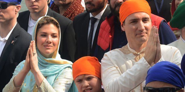 Canadian Prime Minister Justin Trudeau, his wife Sophie Grégoire and son Xavier visit the Sikh Golden Temple in Amritsar on Feb. 21, 2018.