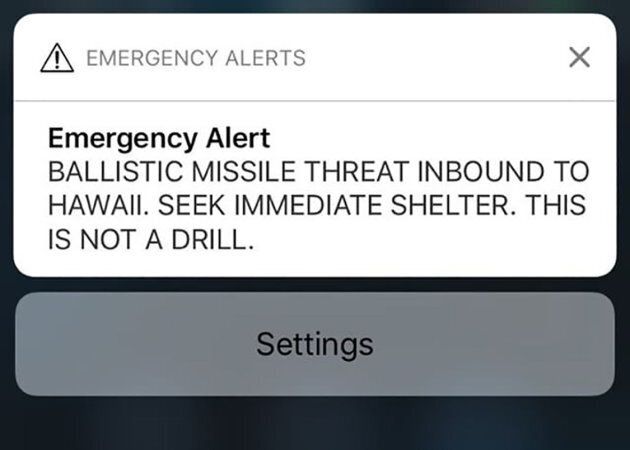 A screenshot take by a Hawaiian citizen Alison Teal shows the screen of her mobile phone with an alert text message sent to all Hawaiian citizens on Jan. 13, 2018.