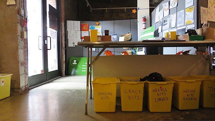 Supplies are kept under the front desk so that users can take them to go.