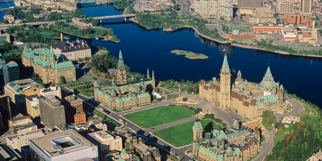 Undated aerial view of the Parliament buildings in downtown Ottawa.