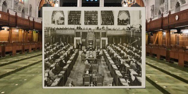 House of Commons chamber on Parliament Hill in 1940 vs. 2018.