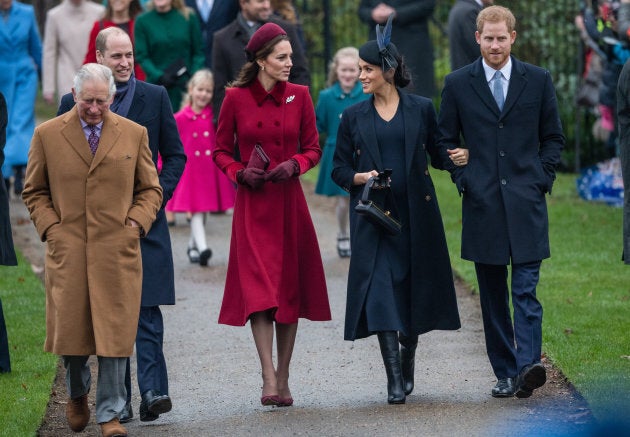 Prince Charles, Prince of Wales, Prince William, Duke of Cambridge, Catherine, Duchess of Cambridge, Meghan, Duchess of Sussex and Prince Harry, Duke of Sussex attend Christmas day church service on the Sandringham estate on December 25, 2018.