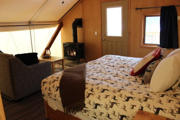 The winter glamping tents at Mount Engadine Lodge are comfortable and warm, with king-sized beds and propane stoves.