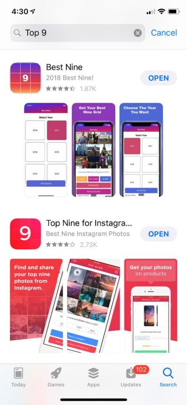 Apple app store results for "top 9."