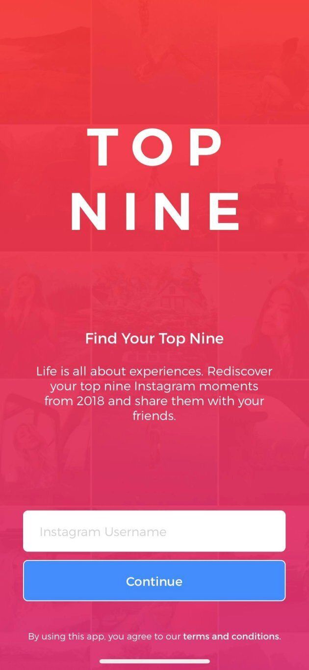 Top Nine app homepage.