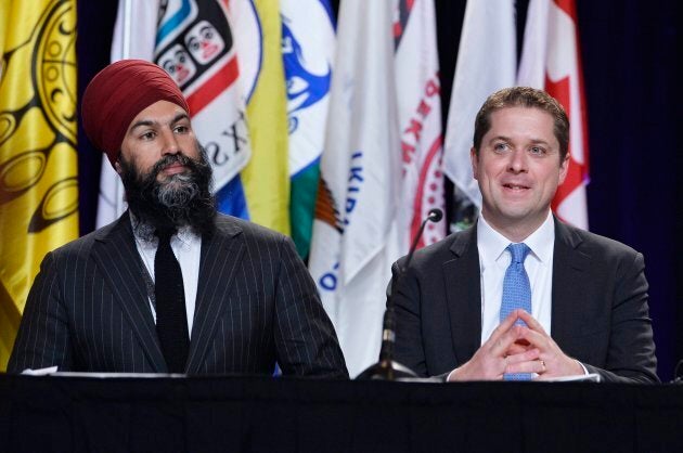 NDP Leader Jagmeet Singh and Conservative Leader Andrew Scheer are shown at the AFN Special Chiefs Assembly in Gatineau, Que., on May 1, 2018.