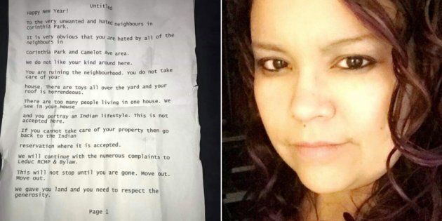 Mishel Assiniboine received a hateful letter that said she and her family are not welcome in their Leduc, Alta. community because they're Indigenous.