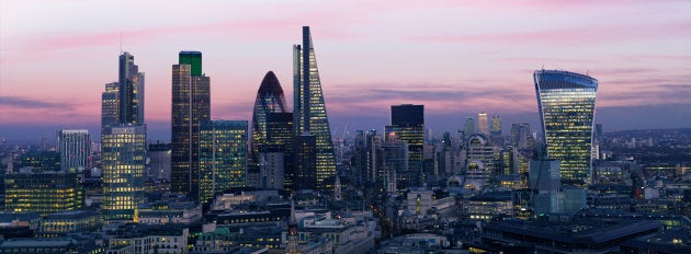 London's financial district at nightfall.