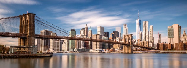 The Manhattan skyline as seen from Brooklyn Bridge Park.