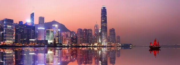 Hong Kong's Victoria Harbor at dusk.