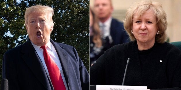 Left: U.S. President Donald Trump leaves the White House on Jan. 6, 2019. Former prime minister Kim Campbell (right) called the U.S. president a