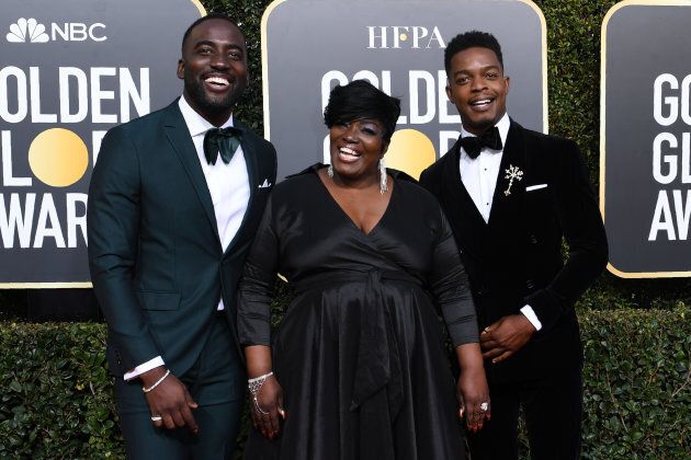 Stephan James, right, arrives with his mom and brother, Shamier Anderson (left) at the Golden Globes on Jan. 6, 2019 in Los Angeles.
