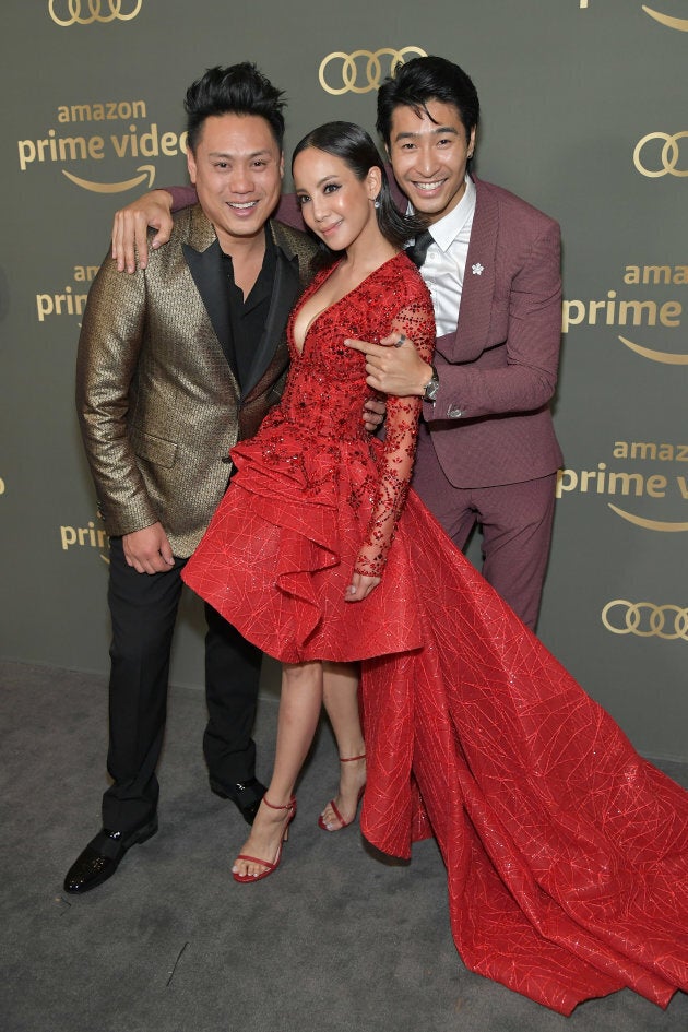 (L-R) Jon M. Chu, Fiona Xie, and Chris Pang attend Amazon Prime Video's Golden Globe Awards After Party.