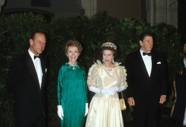 80s excess takes the monarchy, in one of the few photos of Queen Elizabeth that seems regrettably dated. From left, Prince Philip, Nancy Reagan, Queen Elizabeth II, and then-U.S. President Ronald Reagan during the Queen's state visit to the U.S. in 1983.