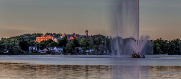 The tallest jet fountain in Canada, with the City of Peterborough in the background.