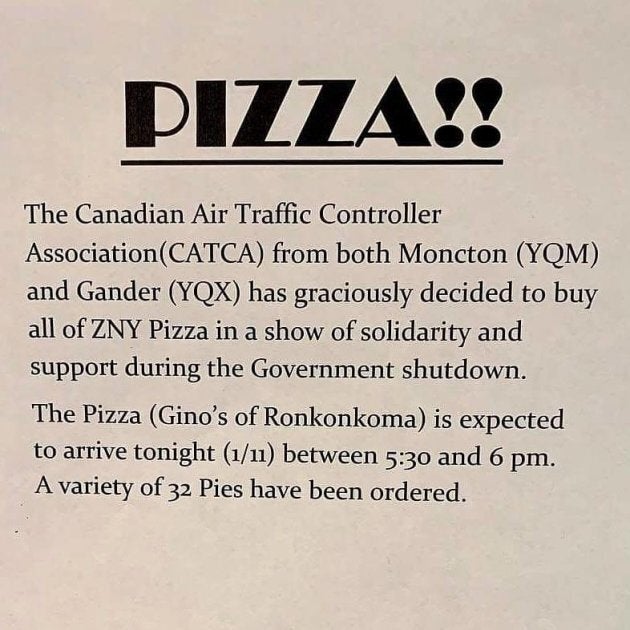 Air traffic controllers in Newfoundland and New Brunswick bought pizza for their counterparts in New York.