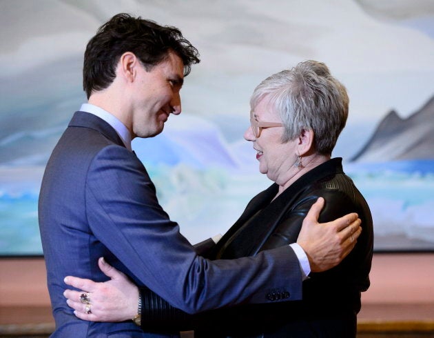 Prime Minister Justin Trudeau greets Minister of Rural Economic Development Bernadette Jordan at a swearing in ceremony at Rideau Hall in Ottawa on Jan. 14, 2019.