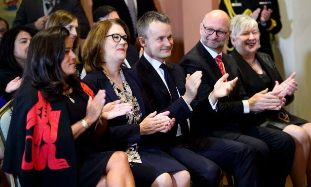 Veterans Affairs Minister Jody Wilson-Raybould, Treasury Board President Jane Philpott, Indigenous Services Minister Seamus O'Regan, Justice Minister David Lametti and Minister of Rural Economic Development Bernadette Jordan attend a cabinet shuffle at Rideau Hall in Ottawa on Jan. 14, 2019.