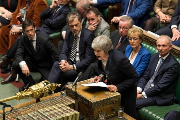 Theresa May speaks in the House of Commons in London after losing a vote on her Brexit plan on Jan. 15, 2019.