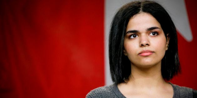 Rahaf Mohammed al-Qunun, 18, pauses as she addresses the media during a press conference in Toronto at the offices of COSTI, a refugee resettling agency, on Jan. 15, 2019.