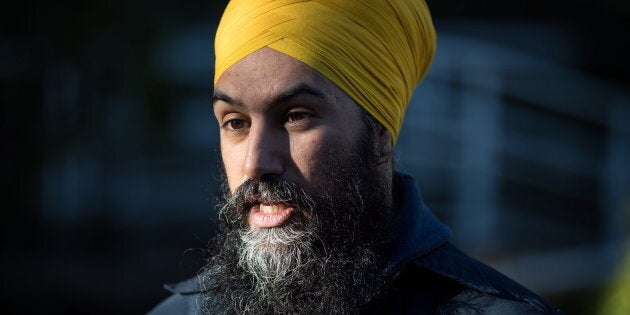 NDP Leader Jagmeet Singh is interviewed while door knocking for his byelection campaign, in Burnaby, B.C. on Jan. 12, 2019.