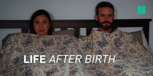 HuffPost Canada Parents Editor Natalie Stechyson and her husband being not at all awkward in the new postpartum sex episode of
