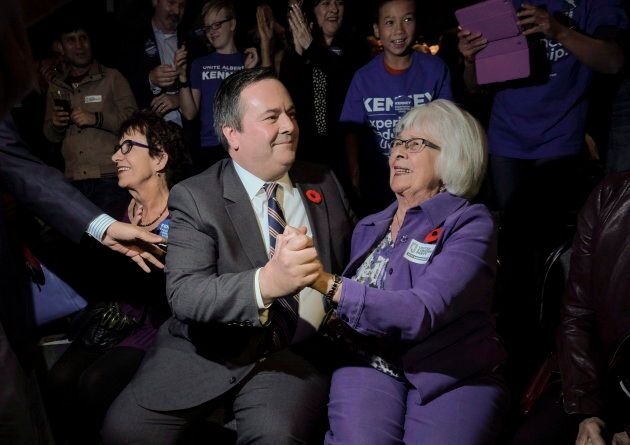 Jason Kenneycelebrates his victory as the first official leader of the Alberta United Conservative Party with his mother Lynne in Calgary, Alta. on Oct. 28, 2017.