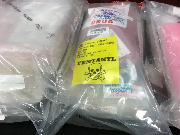 Seized fentanyl is displayed on a table during a press conference held by the United States Attorney's Office in Boston on Aug. 23, 2018.