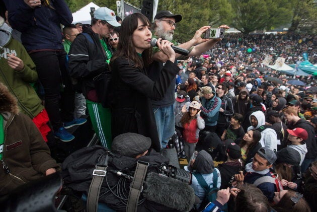 Jodie Emery addresses the crowd during the 4-20 annual marijuana celebration, in Vancouver on April 20, 2018.