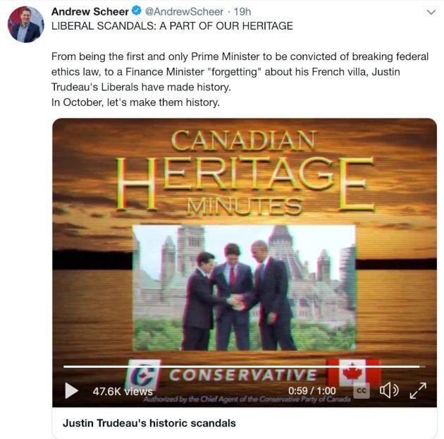 A screenshot of a now-deleted tweet on Tory leader Andrew Scheer's account, featuring the original "Heritage Minutes" spoof.