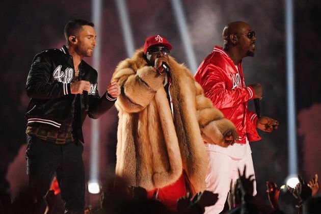 Adam Levine, Big Boi and Sleepy Brown perform during the Super Bowl LIII Halftime Show in Atlanta on Sunday night.
