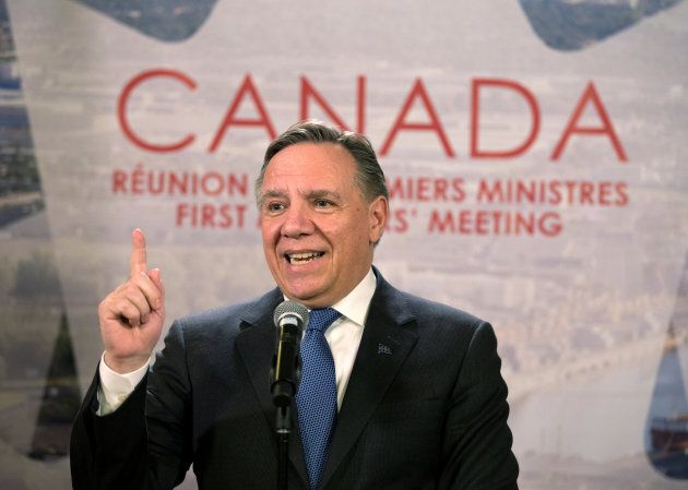 Quebec Premier Francois Legault speaks to the press following the First Ministers' Meeting in Montreal on Dec. 7, 2018.