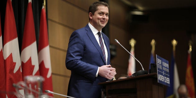 Conservative Leader Andrew Scheer speaks during a caucus meeting in Ottawa on Jan. 27, 2019.