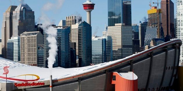 Calgary's downtown core is pictured with the Saddledome in foreground on Feb. 9, 2018.