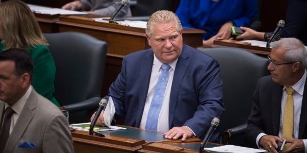 Premier Doug Ford is seen in the Ontario legislature. His office told reporters that a bureaucrat with the Ontario Public Service was no longer employed after the NDP released leaked documents on Monday.