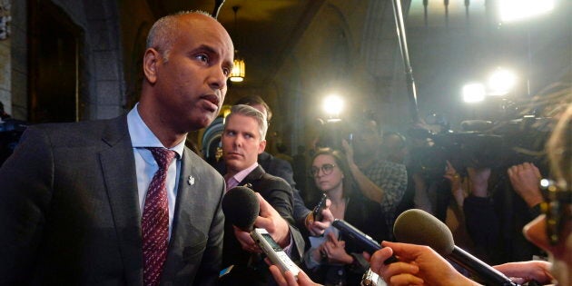 Immigration Minister Ahmed Hussen speaks with media before question period in Ottawa, Nov. 29, 2018.