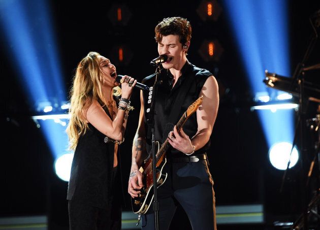 Miley Cyrus and Shawn Mendes at the 61st Annual Grammy Awards on Sunday.