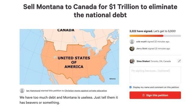 A screenshot of a change.org petition asking to sell Montana to Canada.