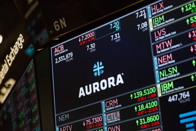 A monitor displays Aurora Cannabis Inc. signage on the floor of the New York Stock Exchange in New York, U.S., on Nov. 9, 2018.