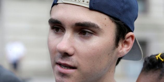 David Hogg speaks with reporters before a march in Worcester, Mass., U.S. on Aug. 23, 2018.