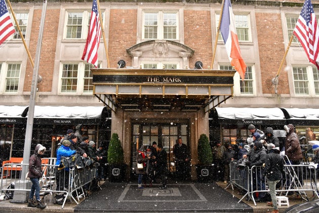 Photographers line up outside The Mark Hotel in New York City, where Meghan Markle's baby shower took place.