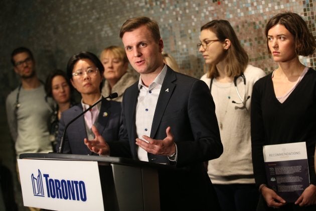 Councillor Joe Cressy and frontline advocates converge on city hall Jan. 31, 2018, as council was set to vote on improving shelter services.