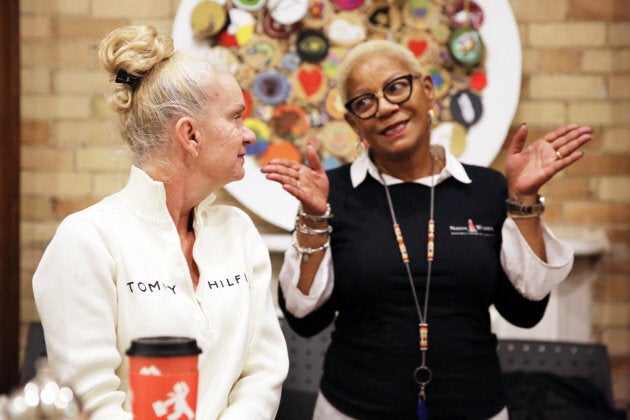 Caralee (left) listens to the Native Women's Resource Centre of Toronto's trauma coordinator Sharon Reddick at the Seeking Safety class Feb. 21, 2019.