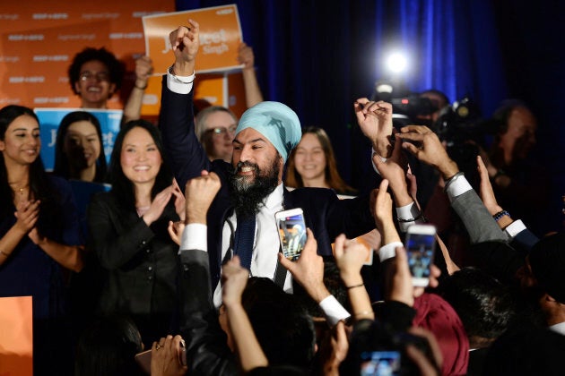 NDP leader Jagmeet Singh celebrates his Burnaby South byelection win as he arrives at his election night party in Burnaby, British Columbia, Feb. 25, 2019.